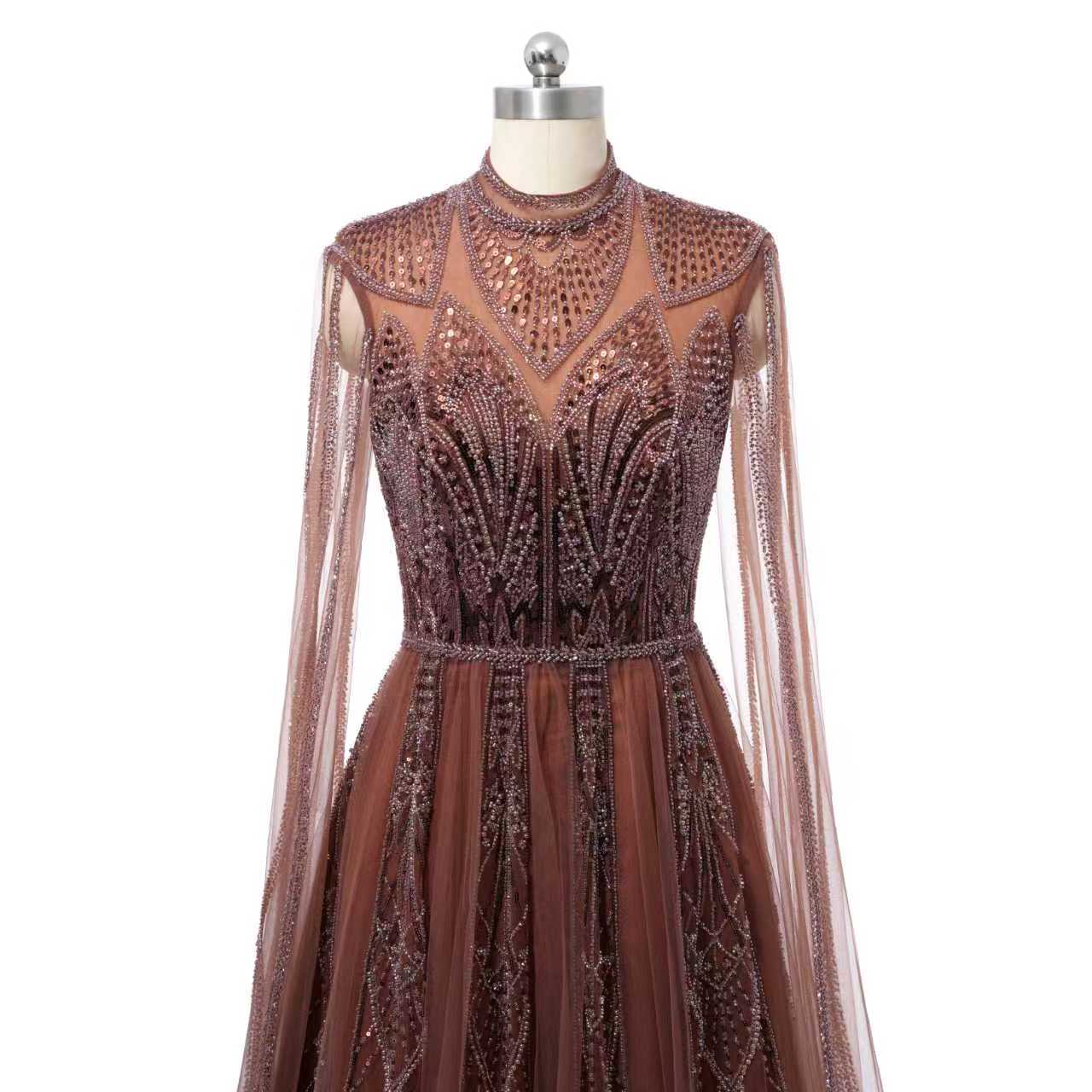 Timeless Chocolate High Collar Long Sleeves Tulle Prom Dresses A-Line With Beads Pleats - Image 3