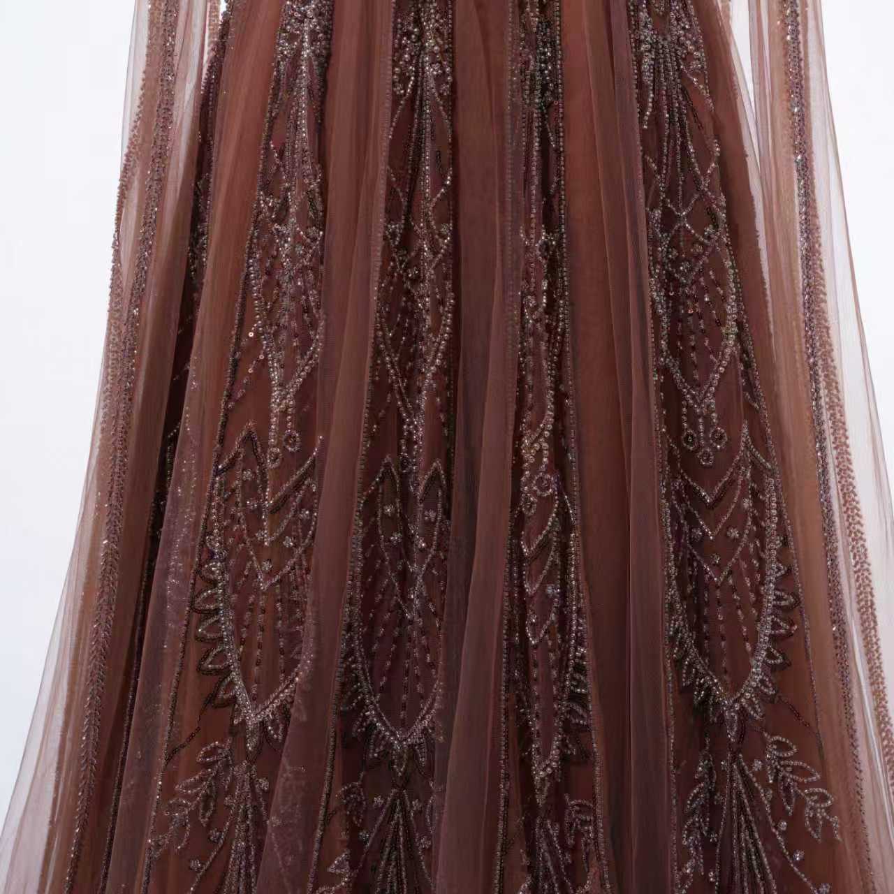 Timeless Chocolate High Collar Long Sleeves Tulle Prom Dresses A-Line With Beads Pleats - Image 4