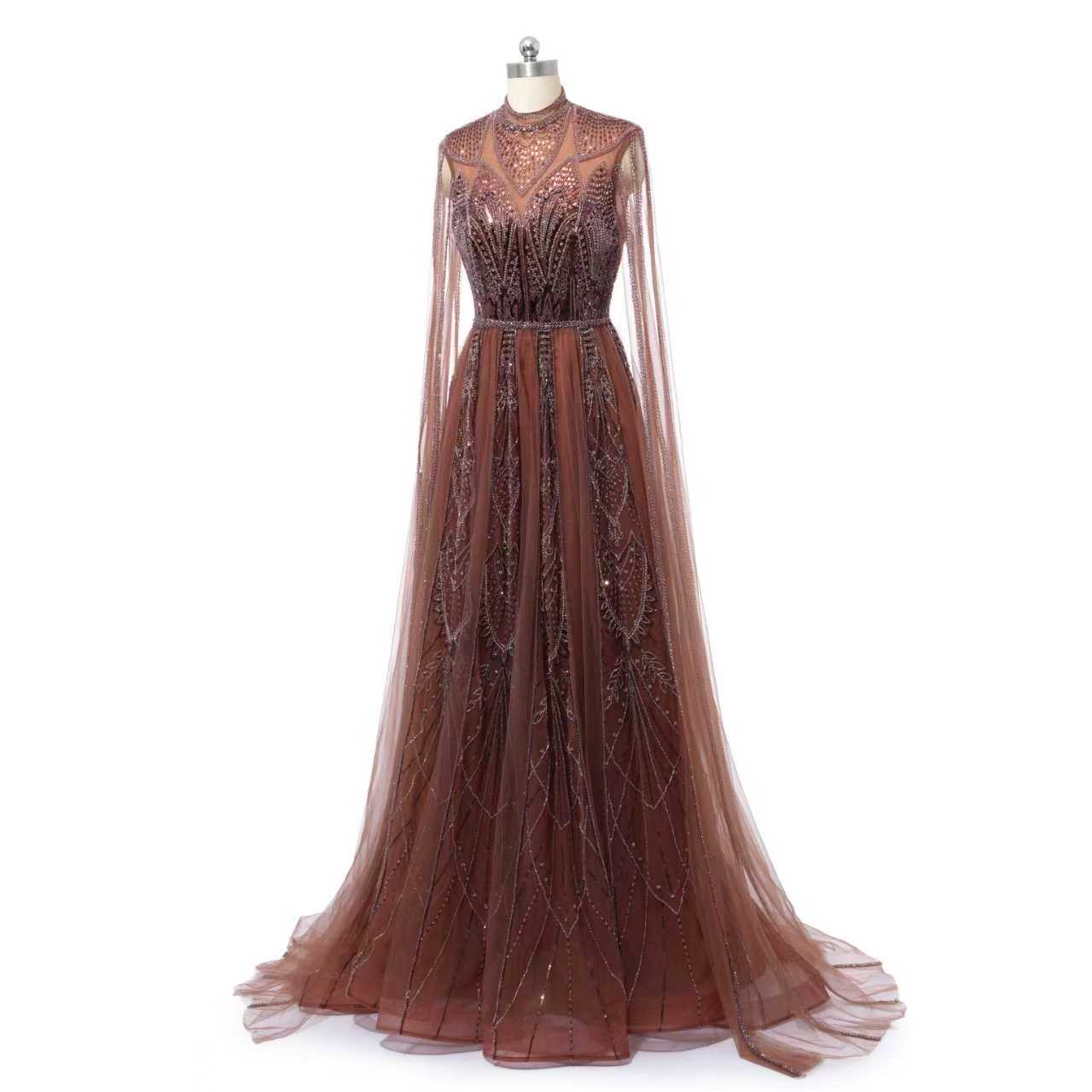 Timeless Chocolate High Collar Long Sleeves Tulle Prom Dresses A-Line With Beads Pleats - Image 5