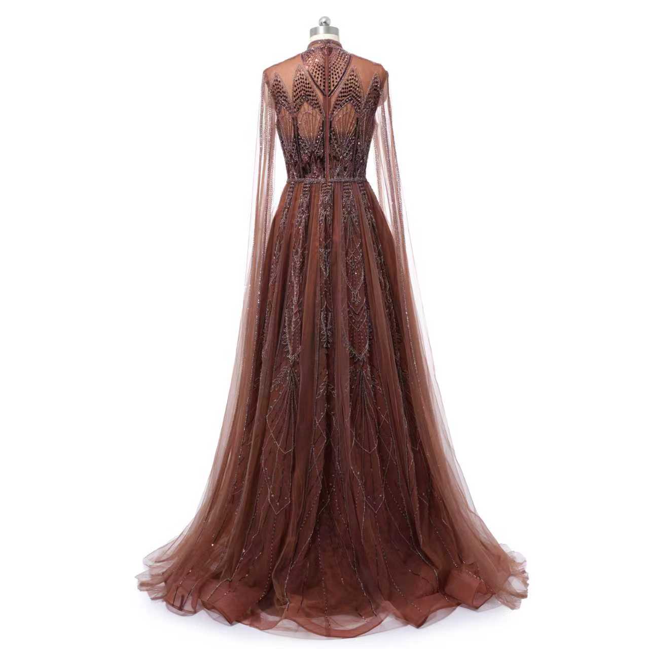 Timeless Chocolate High Collar Long Sleeves Tulle Prom Dresses A-Line With Beads Pleats - Image 6