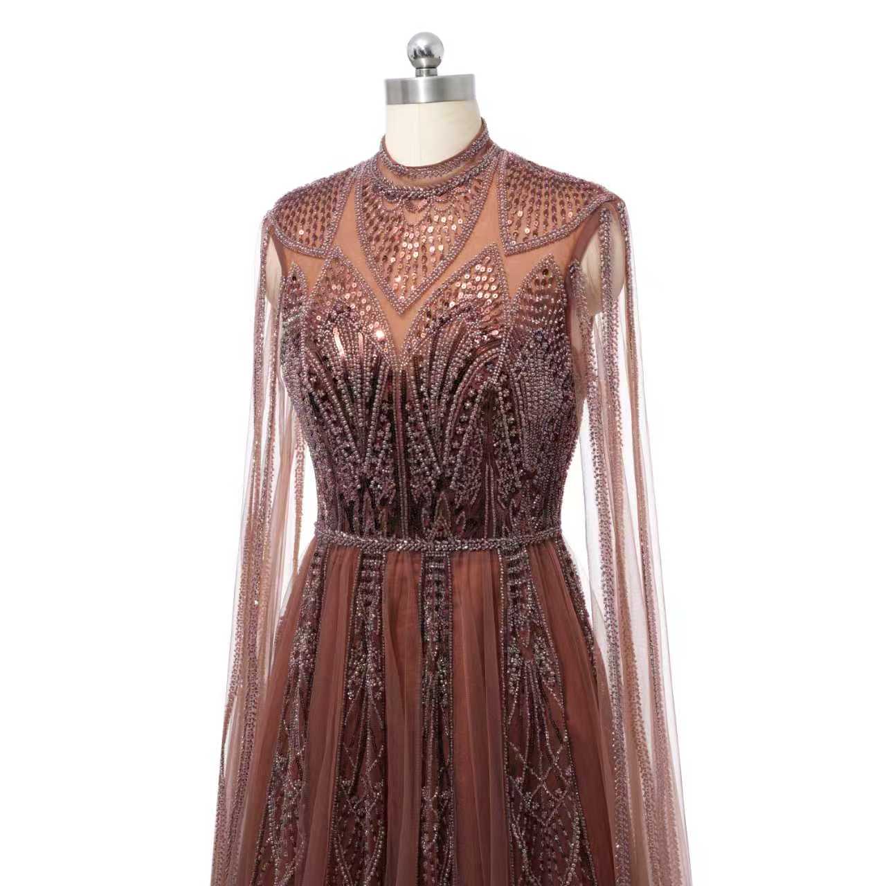 Timeless Chocolate High Collar Long Sleeves Tulle Prom Dresses A-Line With Beads Pleats - Image 7