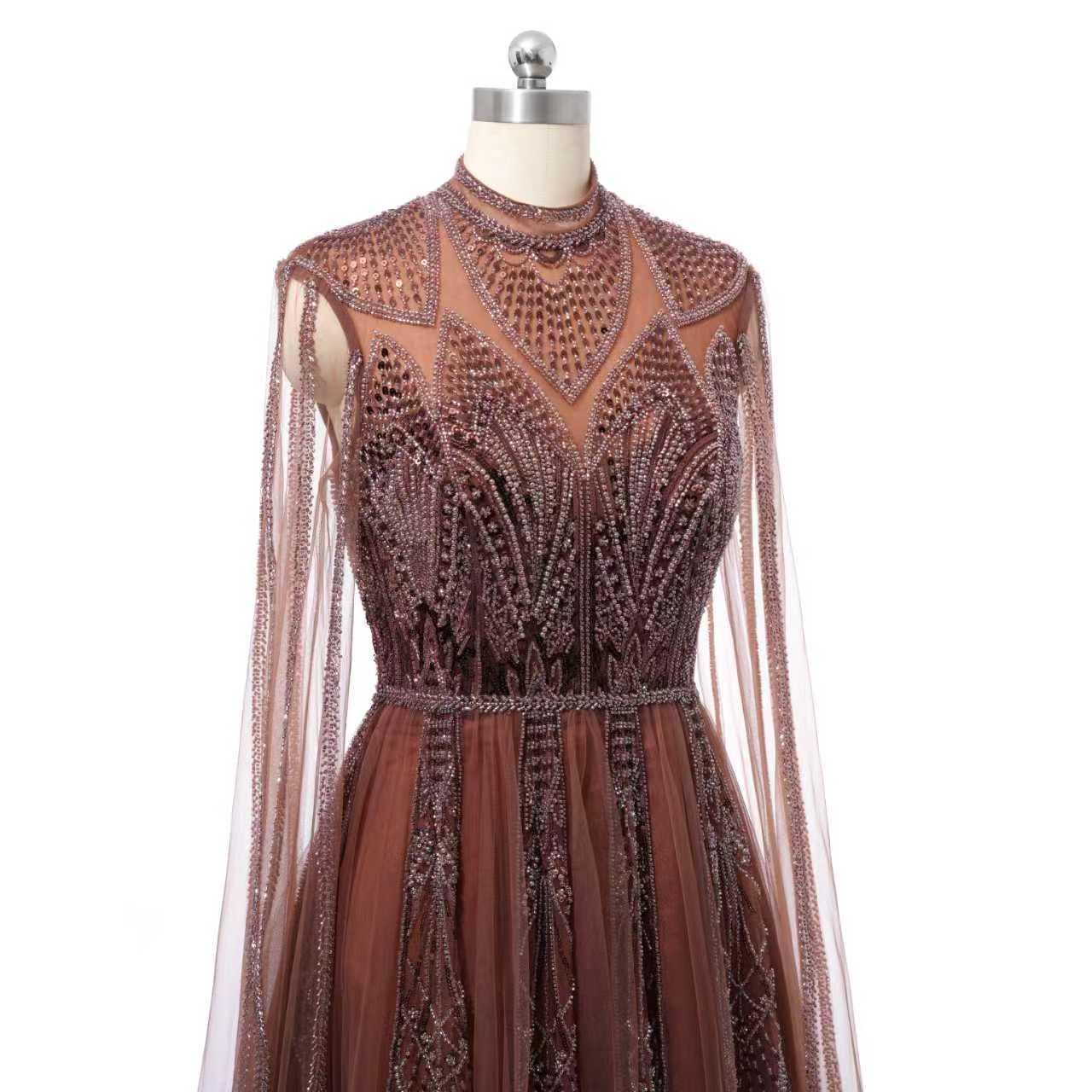 Timeless Chocolate High Collar Long Sleeves Tulle Prom Dresses A-Line With Beads Pleats - Image 8