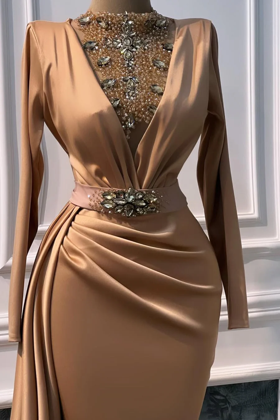 Timeless Gold High Collar Long Sleeves Satin Prom Dresses Mermaid Gem With Beads Ruffles - Image 3