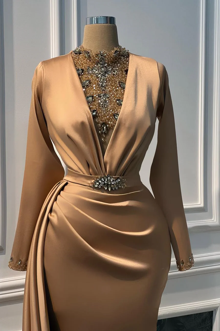 Timeless Gold High Collar Long Sleeves Satin Prom Dresses Mermaid Gem With Beads Ruffles - Image 4