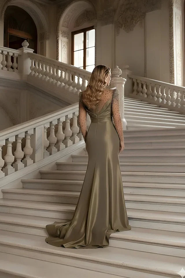 Timeless Long Sleeves Satin Mermaid Prom Dresses High Split Pleats With Zipper - Image 2