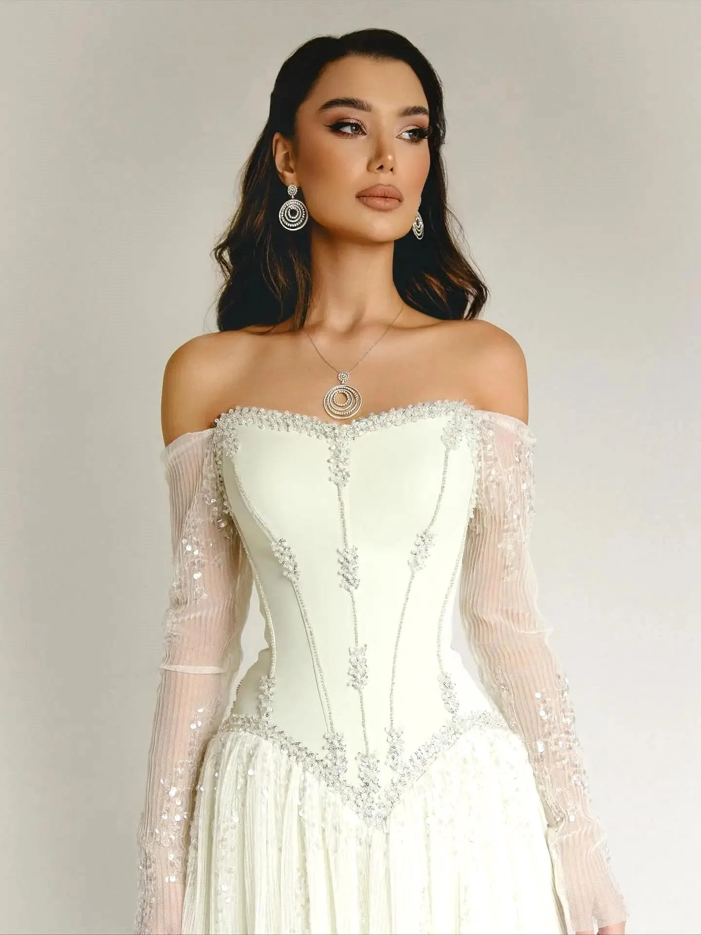 Timeless Off-The-Shoulder Long Sleeves A-Line Prom Dresses Sequins Gem Long Online - Image 2