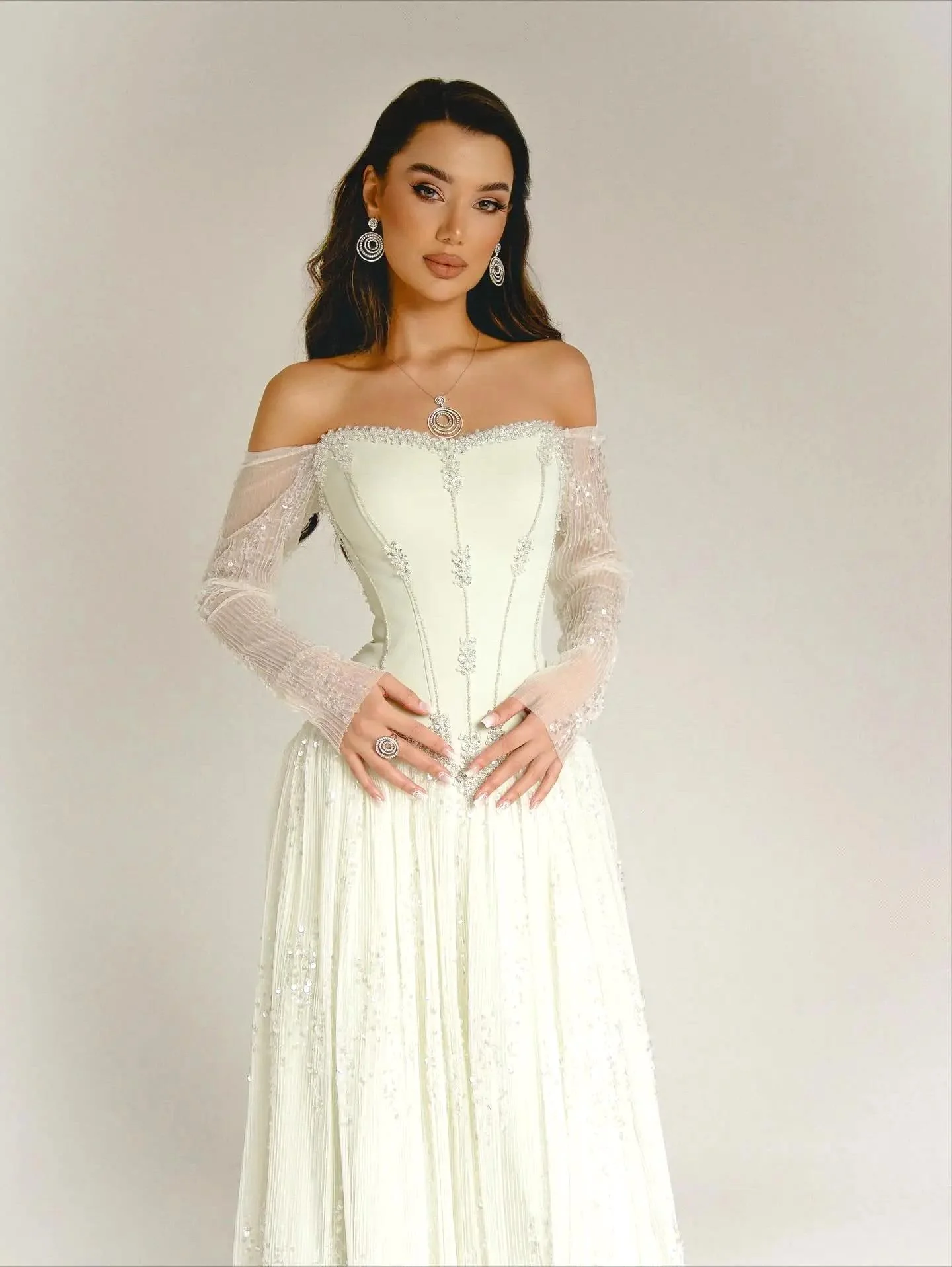 Timeless Off-The-Shoulder Long Sleeves A-Line Prom Dresses Sequins Gem Long Online - Image 3