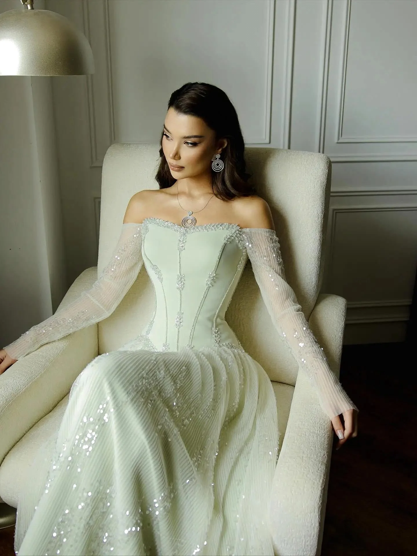 Timeless Off-The-Shoulder Long Sleeves A-Line Prom Dresses Sequins Gem Long Online - Image 4