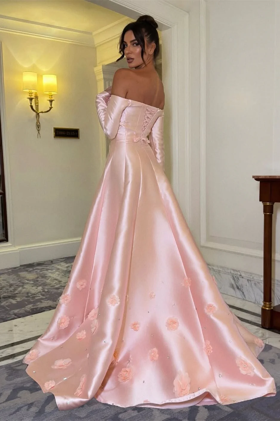 Timeless Pink Off-The-Shoulder Long Sleeves Satin Prom Dresses A-Line Lace-Up Back With Flower - Image 2