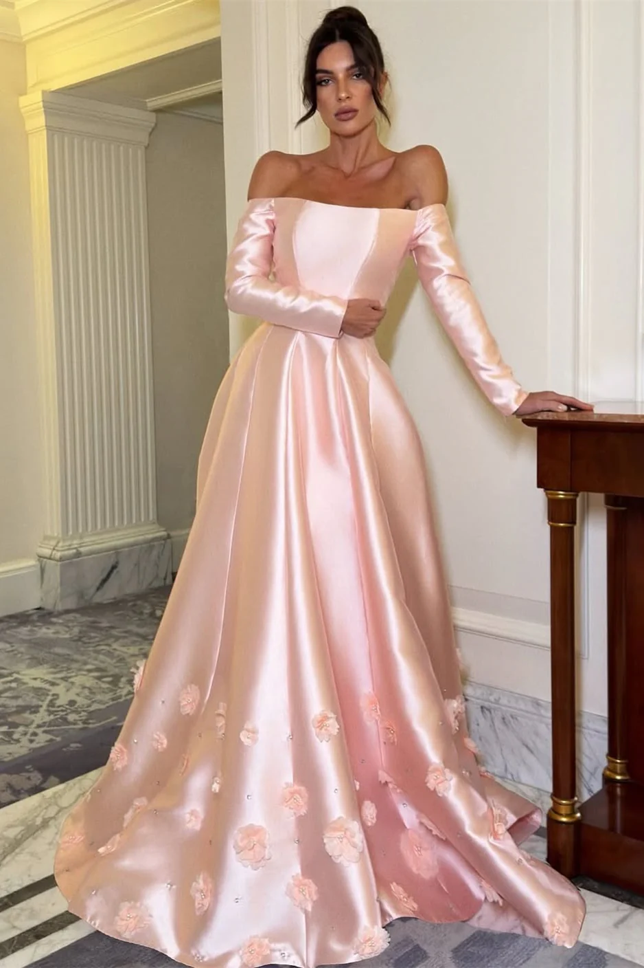 Timeless Pink Off-The-Shoulder Long Sleeves Satin Prom Dresses A-Line Lace-Up Back With Flower - Image 3