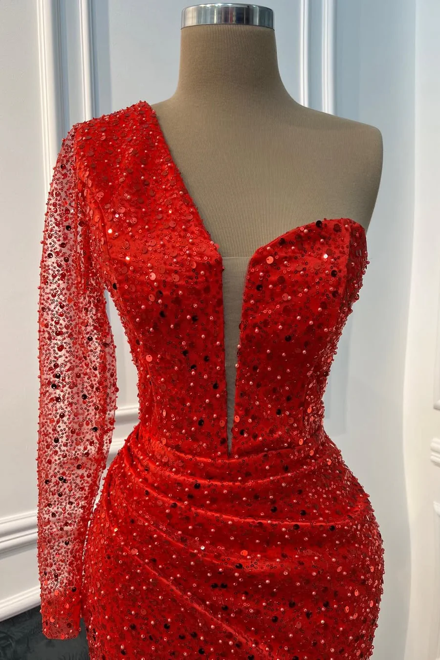 Timeless Red One Shoulder Long Sleeves Sequins Prom Dresses Mermaid Online - Image 2