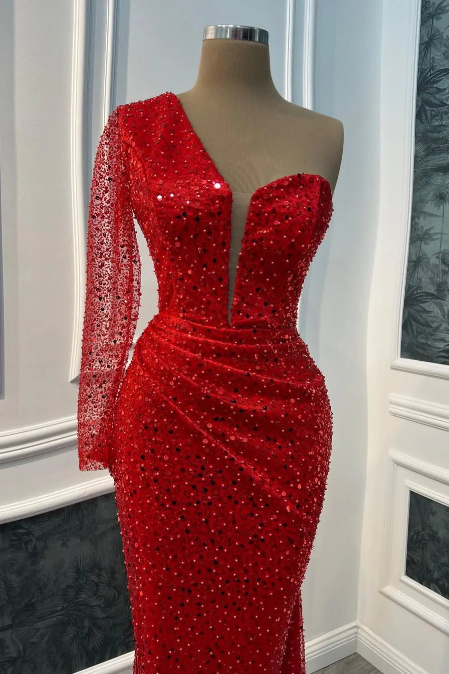 Timeless Red One Shoulder Long Sleeves Sequins Prom Dresses Mermaid Online - Image 3