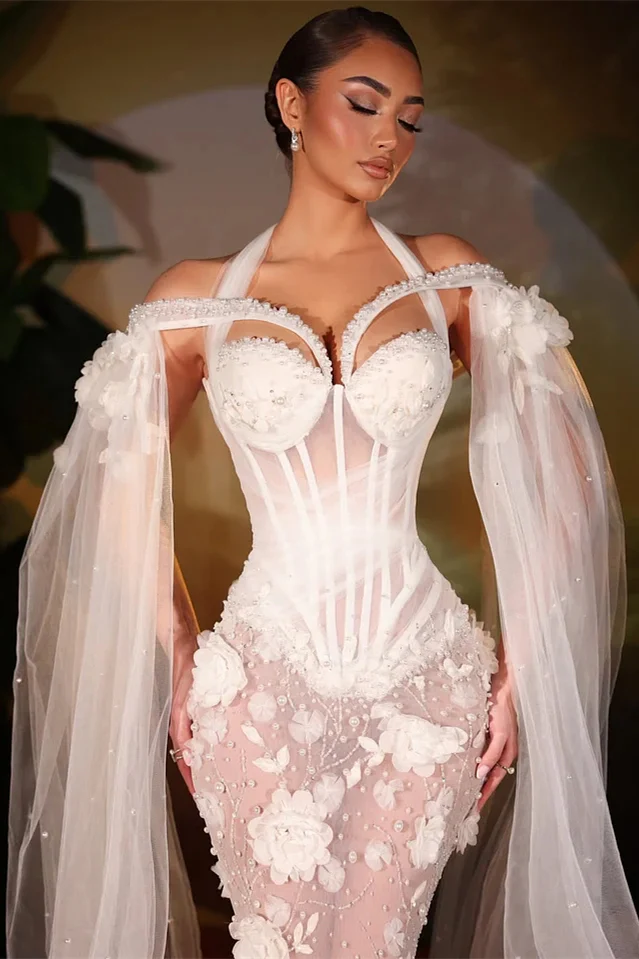 Timeless White Halter Off-The-Shoulder Tulle Prom Dresses Mermaid Pearl With Ruffles Flower - Image 3