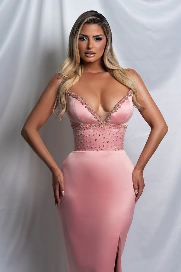 Trendy Dusty Rose V-Neck Mermaid Satin Prom Dress Sheath Sleeveless Side Slit With Beads - Image 2