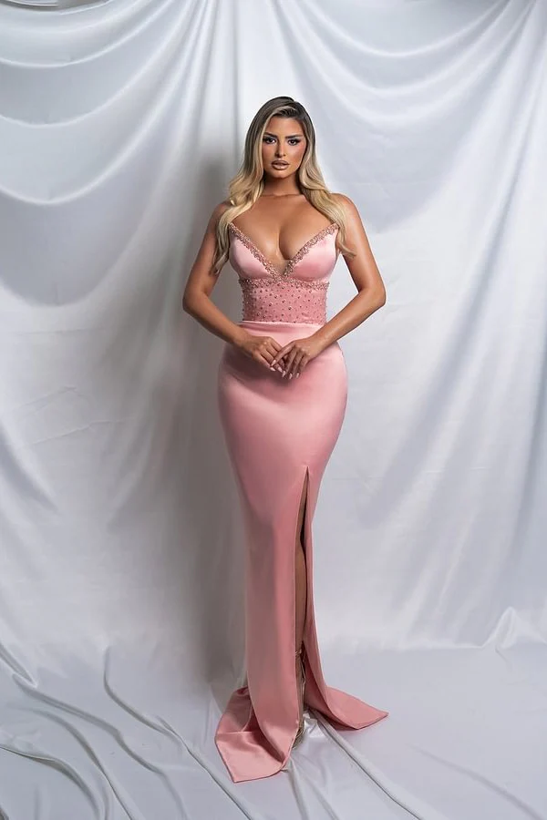 Trendy Dusty Rose V-Neck Mermaid Satin Prom Dress Sheath Sleeveless Side Slit With Beads - Image 3