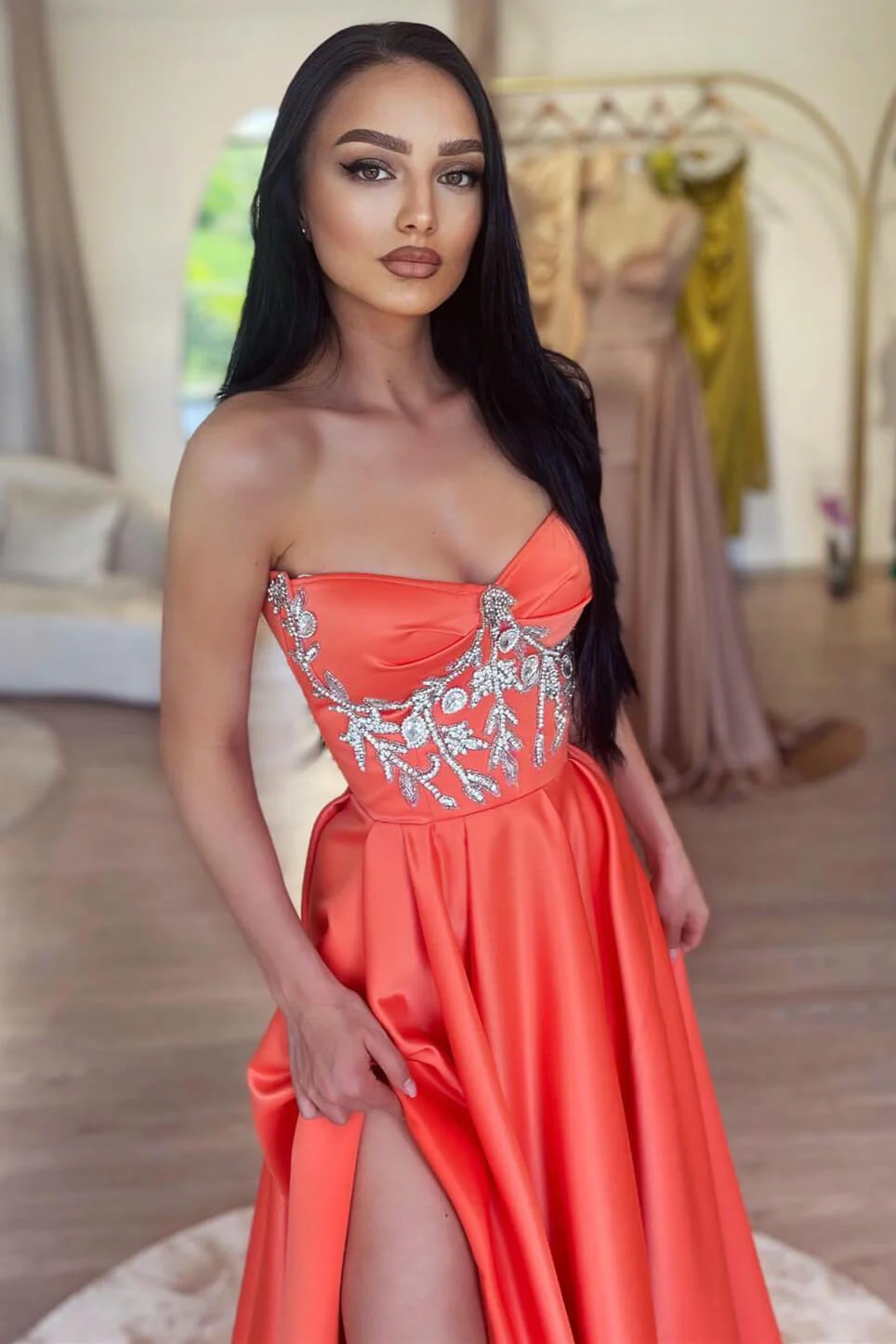 Chic Sleeveless Orange A-Line Prom Dress Slit Long With Beads - Image 2