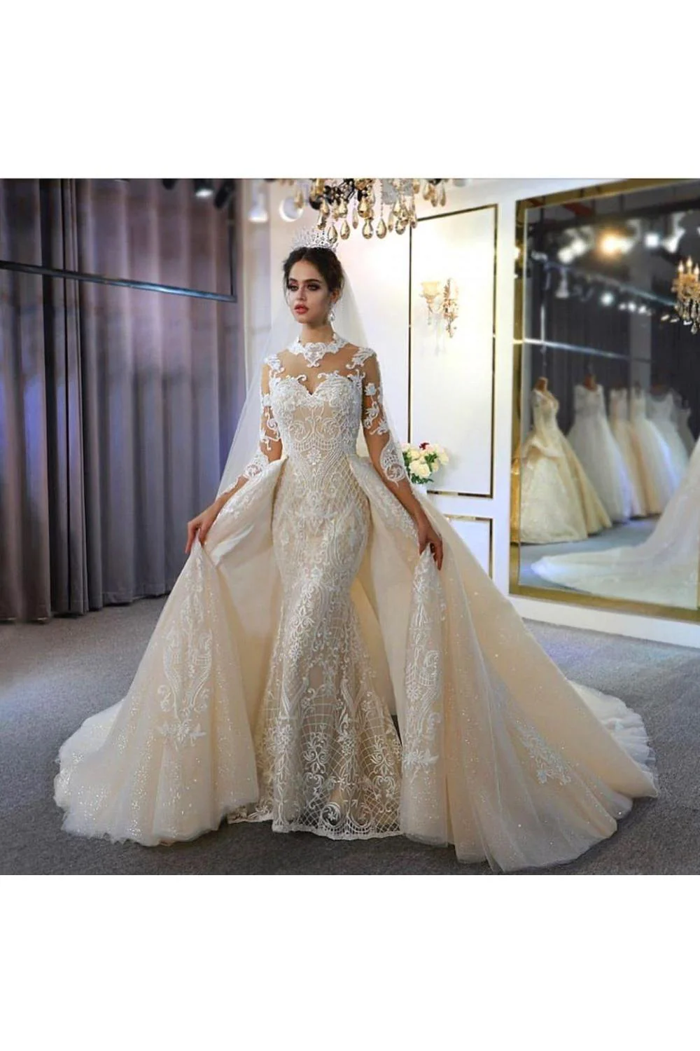 Trendy High neck Mermaid Lace Ivory Wedding Dress with Overskirt - Image 2