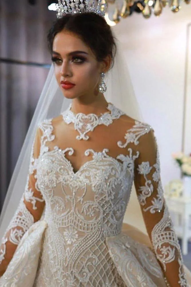 Trendy High neck Mermaid Lace Ivory Wedding Dress with Overskirt - Image 3