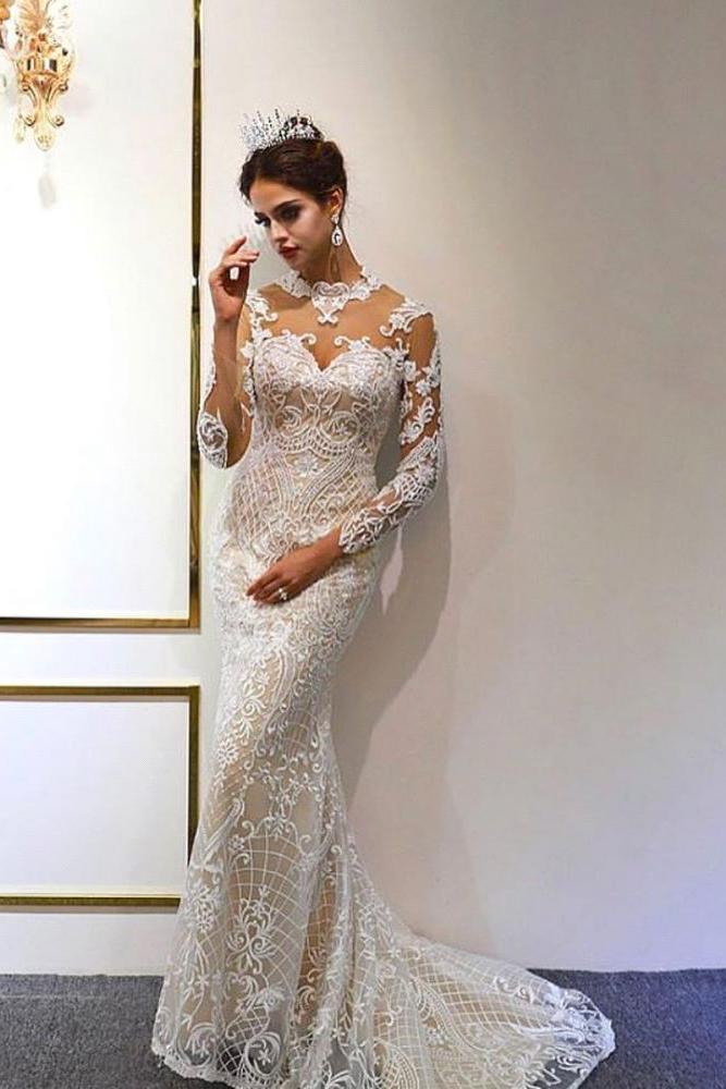 Trendy High neck Mermaid Lace Ivory Wedding Dress with Overskirt - Image 4