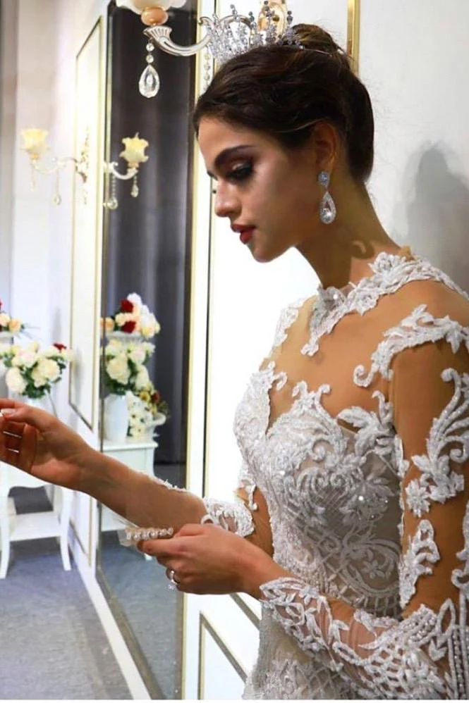 Trendy High neck Mermaid Lace Ivory Wedding Dress with Overskirt - Image 5
