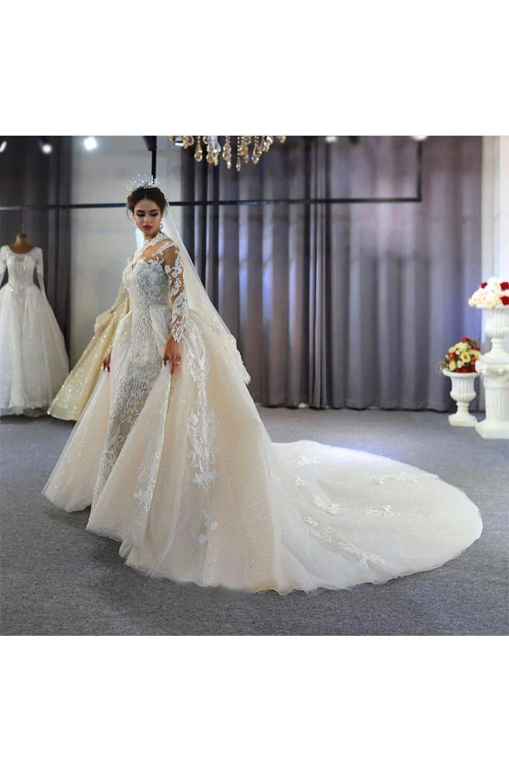 Trendy High neck Mermaid Lace Ivory Wedding Dress with Overskirt - Image 6