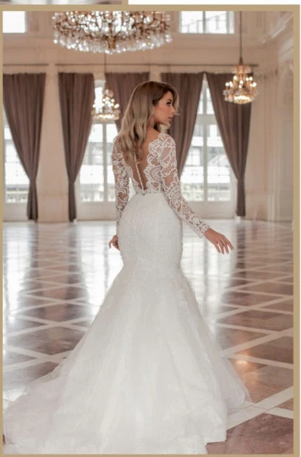 Trendy Long Sleeves V-Neck Mermaid Wedding Dresses with Chapel Train - Image 2
