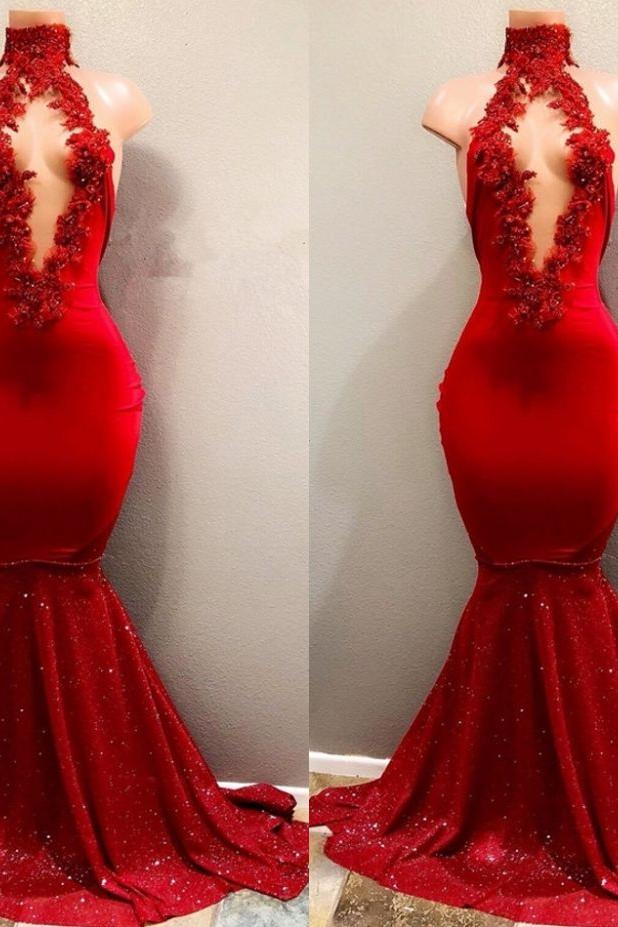 Trendy Mermaid Red Lace High Neck Prom Party Gowns| Red Prom Party Gowns - Image 2