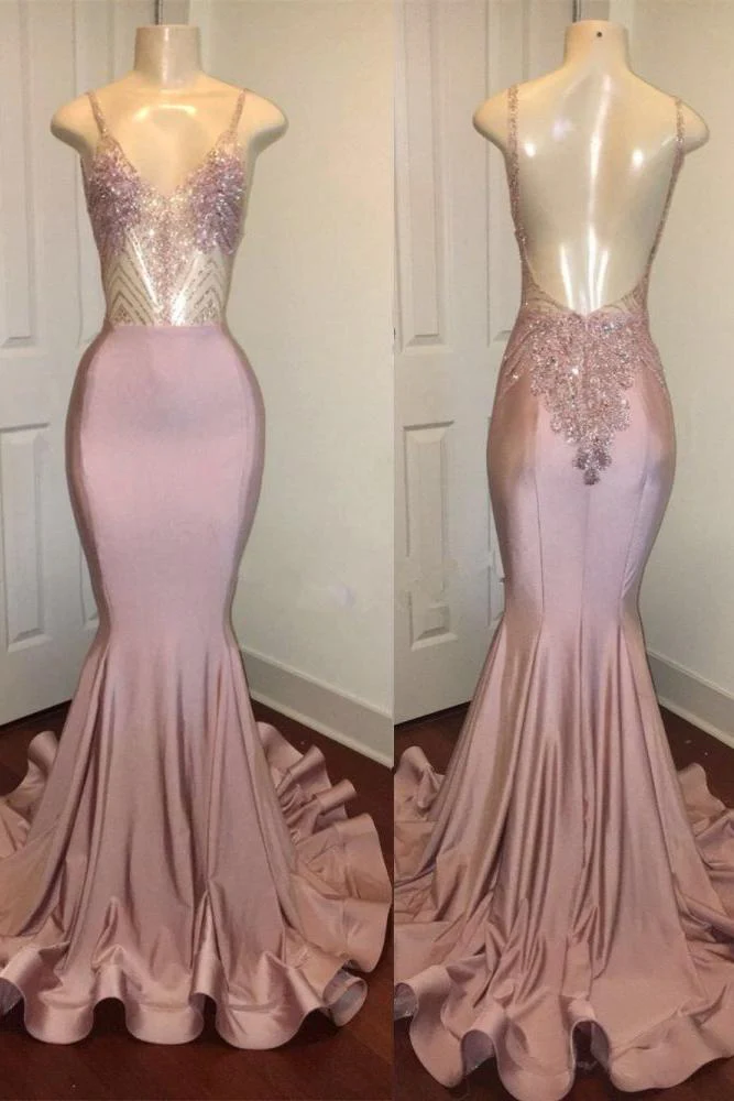 Trendy Pink Beads Spaghetti Strap Prom Party Gowns| Mermaid Prom Party Gowns - Image 2