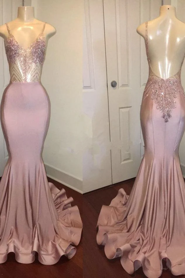 Trendy Pink Beads Spaghetti Strap Prom Party Gowns| Mermaid Prom Party Gowns - Image 3