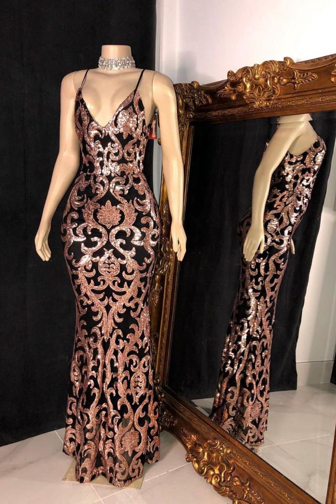 Trendy Sequins Appliques V-neck Spaghetti Long Mermaid Prom Gowns - Image 2