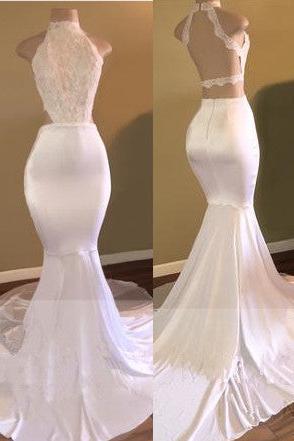 Trendy White Mermaid High-Neck Sleeveless Prom Party Gowns - Image 2