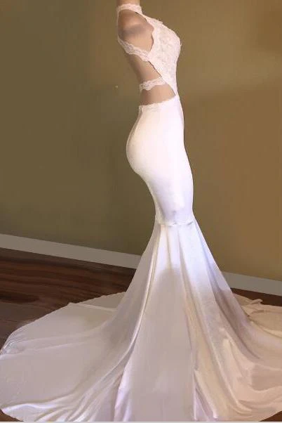 Trendy White Mermaid High-Neck Sleeveless Prom Party Gowns - Image 3