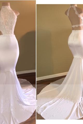 Trendy White Mermaid High-Neck Sleeveless Prom Party Gowns - Image 4