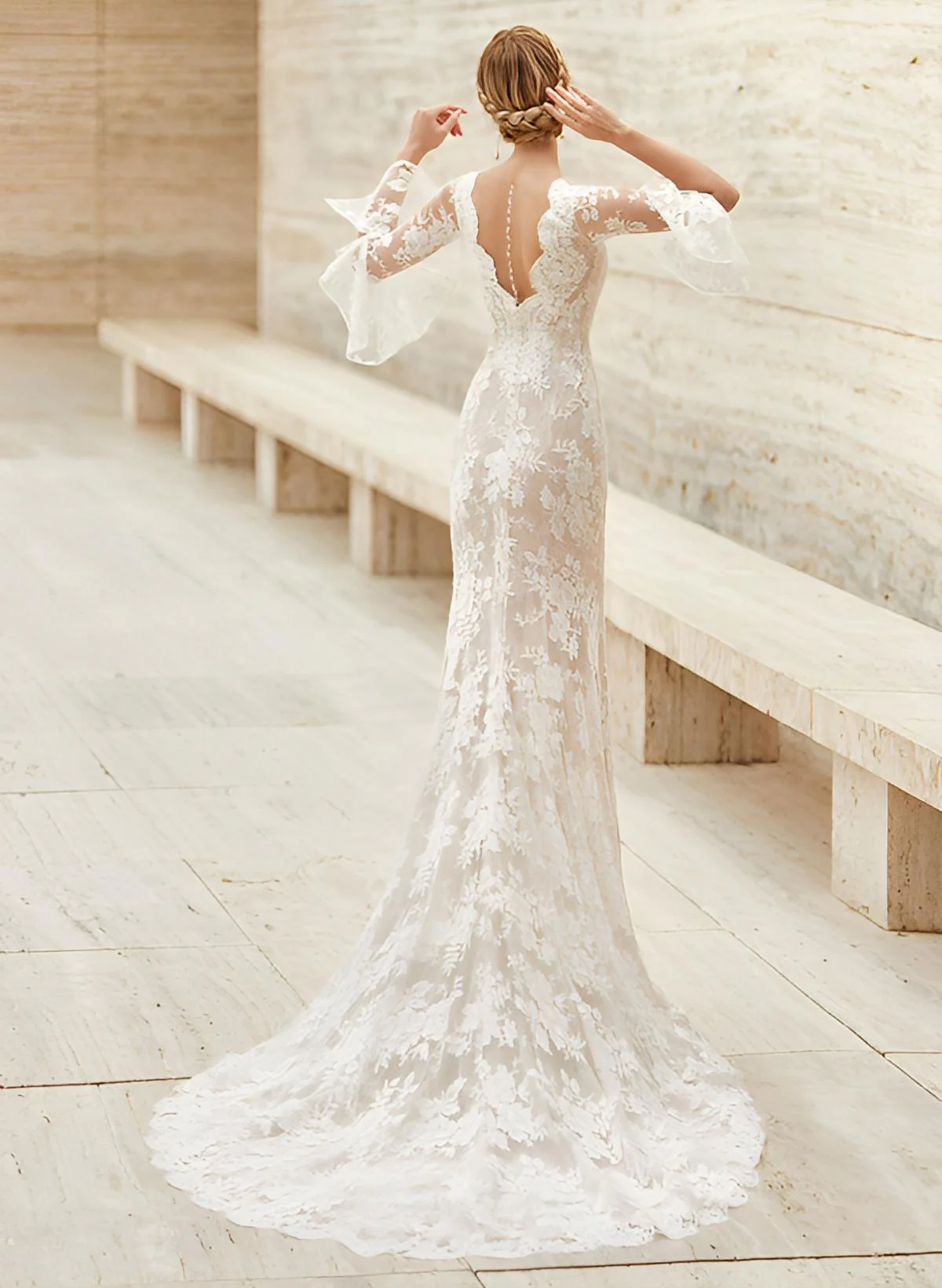 Trumpet Mermaid Fitted V-Neck Long Sleeves Lace Court Train Wedding Dresses Split Front Lace - Image 2