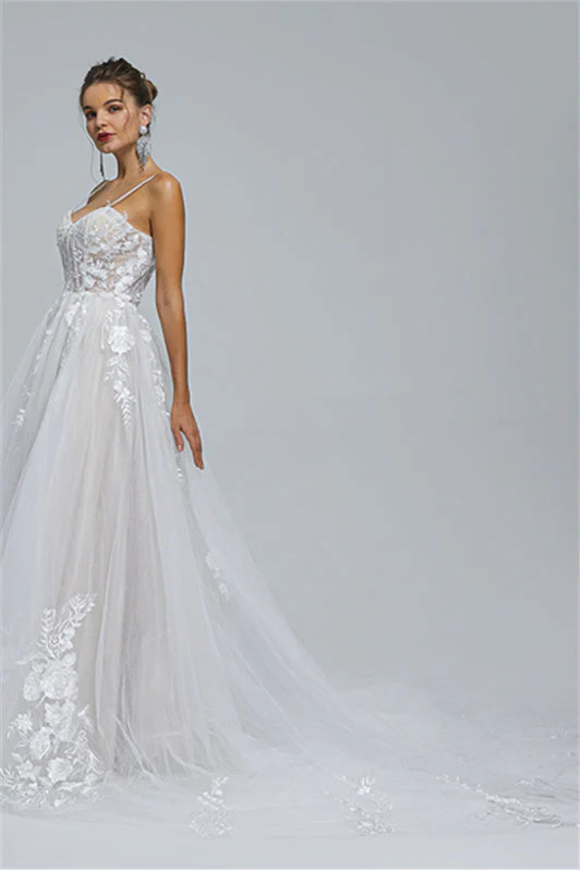 Tulle A-line Sheer Straps Sweetheart Applique Floor-length Sleeveless Wedding Dress Cover - Image 3