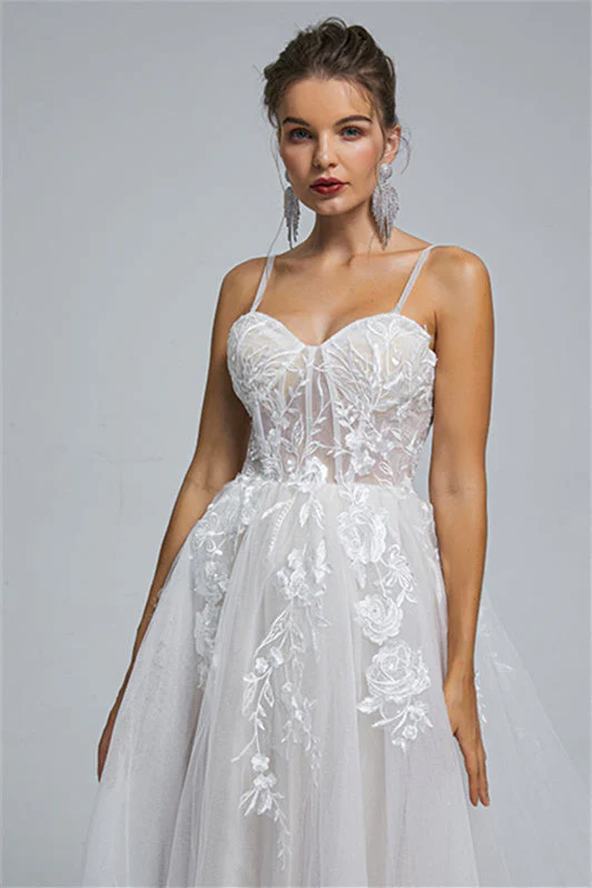 Tulle A-line Sheer Straps Sweetheart Applique Floor-length Sleeveless Wedding Dress Cover - Image 4