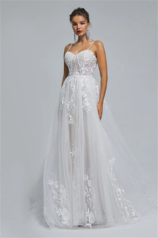 Tulle A-line Sheer Straps Sweetheart Applique Floor-length Sleeveless Wedding Dress Cover - Image 5