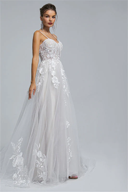 Tulle A-line Sheer Straps Sweetheart Applique Floor-length Sleeveless Wedding Dress Cover - Image 6