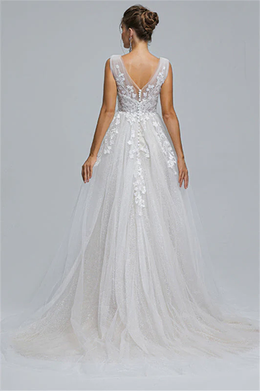 Tulle A-line Sheer Straps V-neck Applique Floor-length Sleeveless Wedding Dress Cover - Image 2