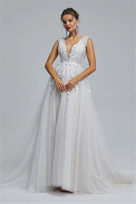 Tulle A-line Sheer Straps V-neck Applique Floor-length Sleeveless Wedding Dress Cover - Image 3