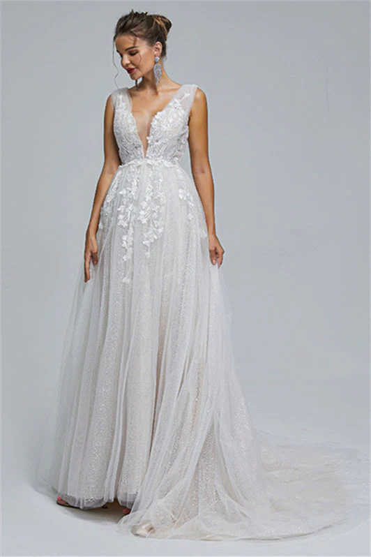 Tulle A-line Sheer Straps V-neck Applique Floor-length Sleeveless Wedding Dress Cover - Image 4