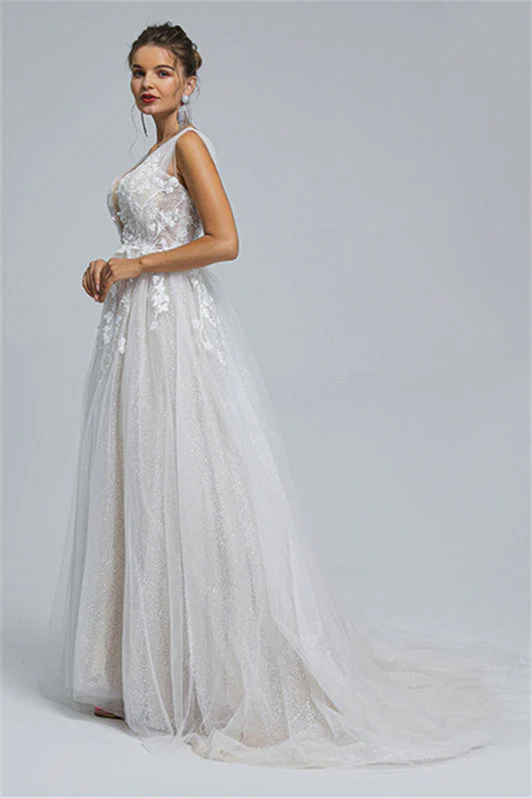 Tulle A-line Sheer Straps V-neck Applique Floor-length Sleeveless Wedding Dress Cover - Image 5