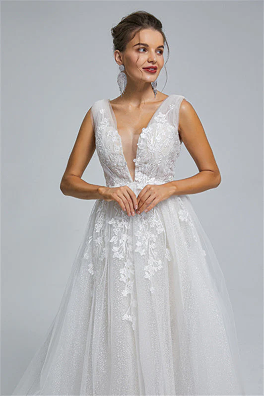 Tulle A-line Sheer Straps V-neck Applique Floor-length Sleeveless Wedding Dress Cover - Image 6