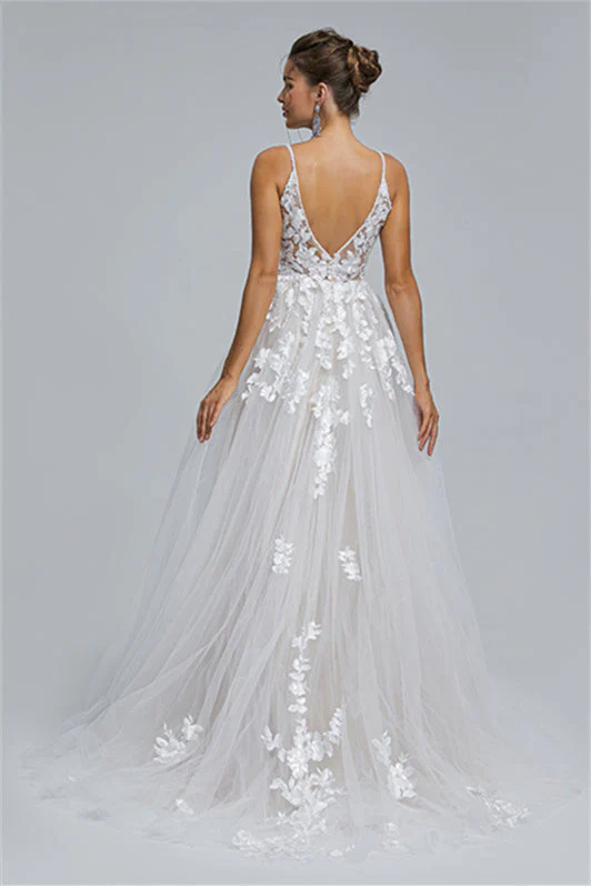 Tulle A-line Sheer Straps V-neck Applique Floor-length Sleeveless Wedding Dress Cover - Image 2