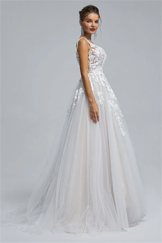 Tulle A-line Sheer Straps V-neck Applique Floor-length Sleeveless Wedding Dress Cover - Image 4
