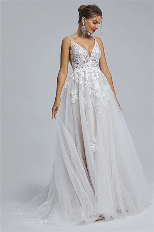 Tulle A-line Sheer Straps V-neck Applique Floor-length Sleeveless Wedding Dress Cover - Image 5