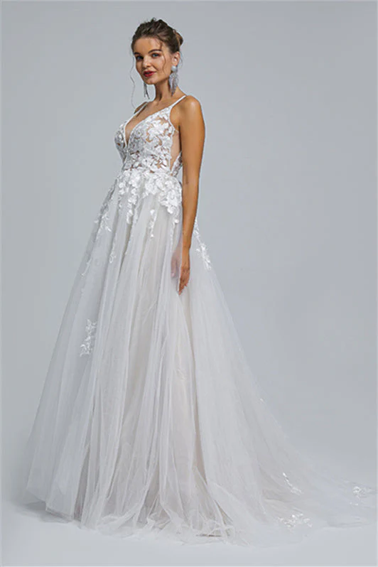Tulle A-line Sheer Straps V-neck Applique Floor-length Sleeveless Wedding Dress Cover - Image 6