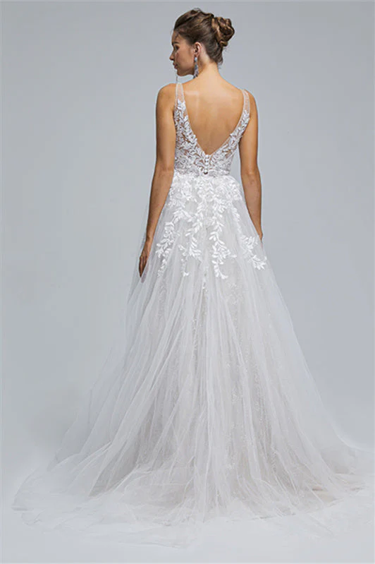 Tulle A-line Sheer Straps V-neck Applique Floor-length Sleeveless Wedding Dress Cover - Image 2