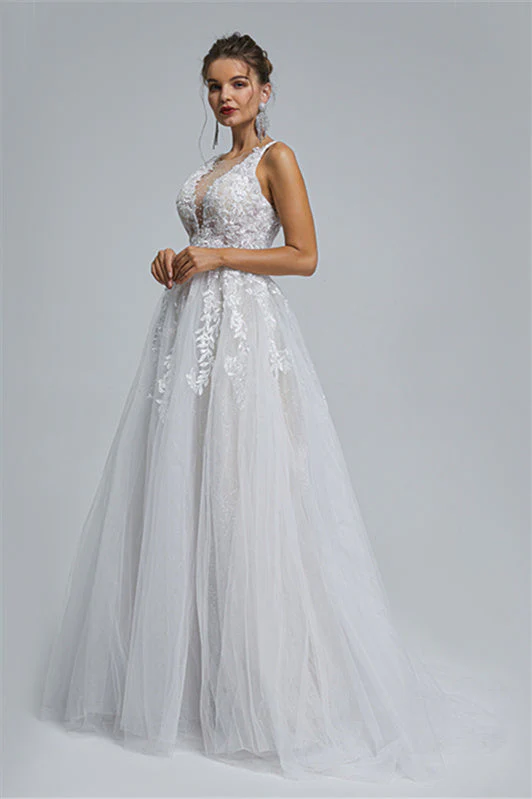 Tulle A-line Sheer Straps V-neck Applique Floor-length Sleeveless Wedding Dress Cover - Image 3