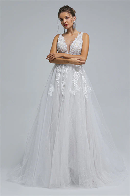 Tulle A-line Sheer Straps V-neck Applique Floor-length Sleeveless Wedding Dress Cover - Image 4